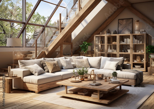 Modern loft apartment with scandinavian design and furniture with large window.Macro.AI Generative