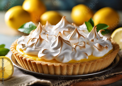 Homemade lemon meringue pie cake on table with yellow ripe lemons background.Macro.AI Generative