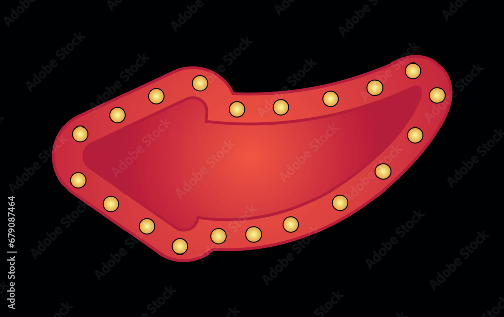 Arrow with light in retro style. A burst of nostalgia awaits with this red, retro-style arrow symbol set against a striking black backdrop, enhanced by warm lantern light. Vector illustration. Arrow with light in retro style. A burst of nostalgia awaits with this red, retro-style arrow symbol set against a striking black backdrop, enhanced by warm lantern light. Vector illustration.
