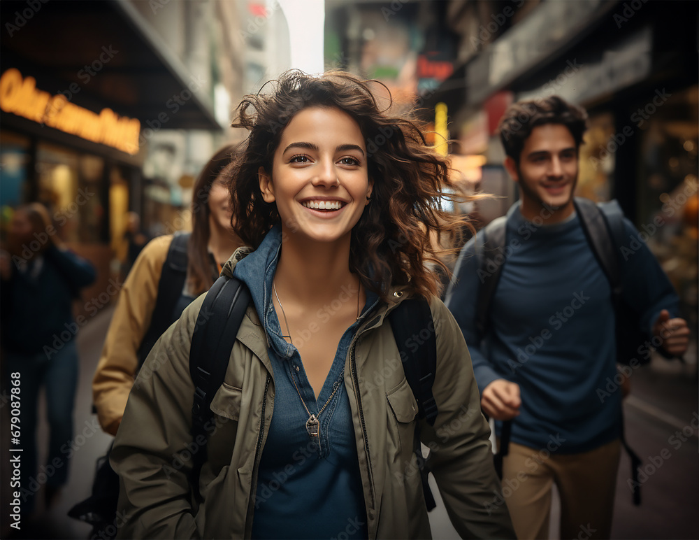 joyful millennials commuting in an urban setting