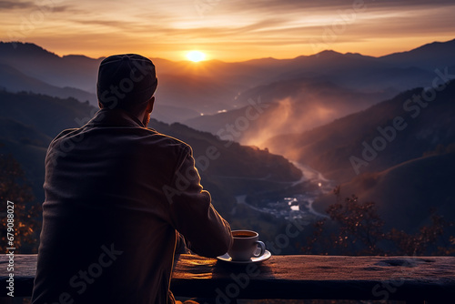 Portrait young man watching sunrise while enjoying coffee on the peak of mountain. Sunrise with sunshine and clouds above blue misty mountain silhouettes. Travel and hike concept. Generative AI