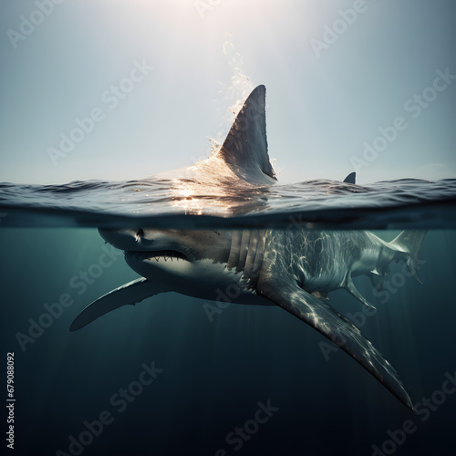 Great White Shark at the surface of the ocean with its fin outside of the water. Generative ai. 
