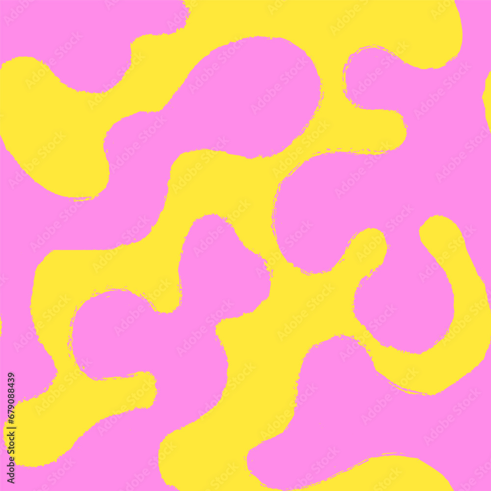 Psychedelic trippy y2k seamless pattern with Pink and yellow groovy wave in Doodle grunge style. Matisse naive background in bright childish colors. Minimalist playful print.