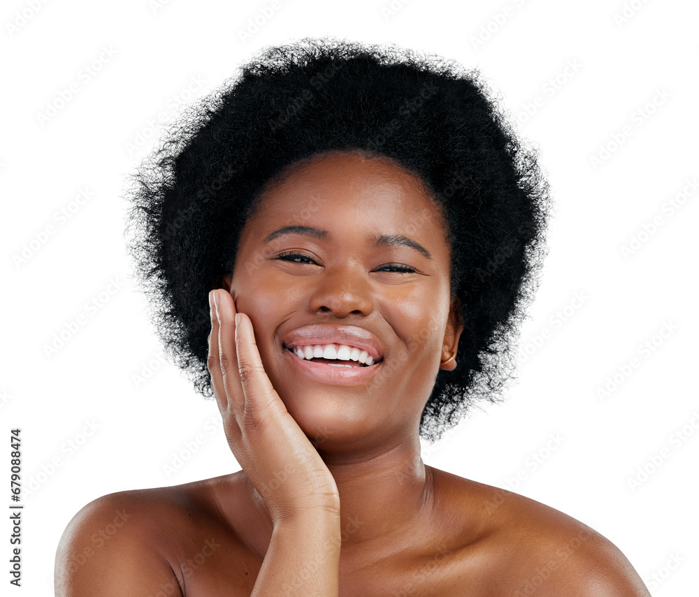 Happy, skincare and portrait of young black woman with natural, cosmetic and facial routine. Health, face and African female model with dermatology treatment isolated by transparent png background. Happy, skincare and portrait of young black woman with natural, cosmetic and facial routine. Health, face and African female model with dermatology treatment isolated by transparent png background.