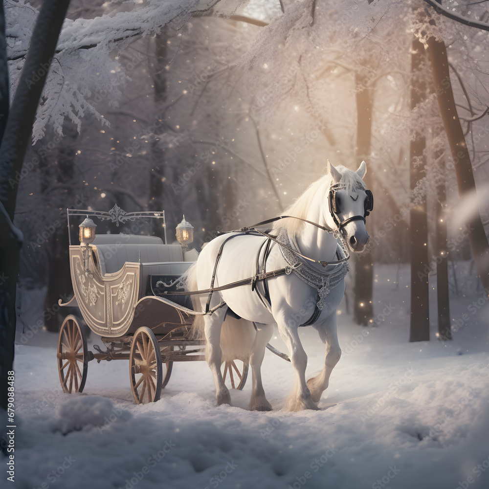 White horse pulling a carriage in the snow during winter. Generative ai. 