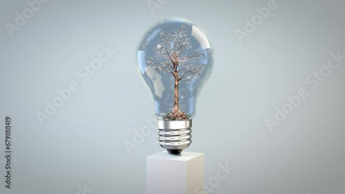 Fantasy tree turning inside of a lightbulb, green energy, seamless loop photo