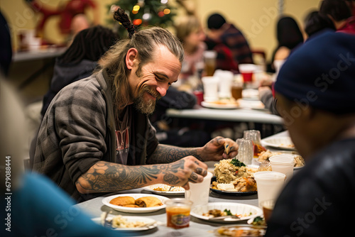 positive homeless man with a smile, a homeless cafe