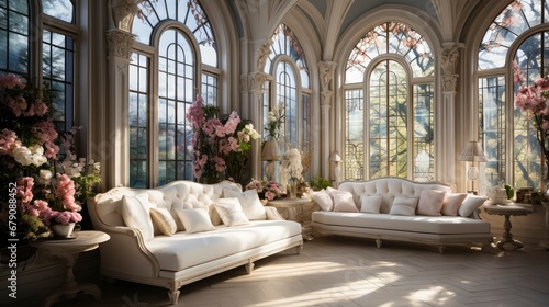 Victorian-style conservatory with ornate sofa and lush floral arrangements by expansive arched windows.