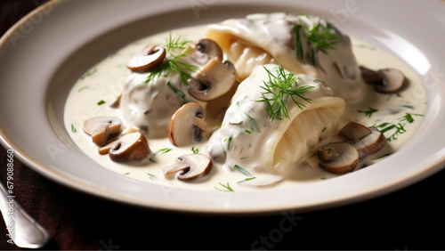Food photography cooked mixed mushrooms in cream as main dish, on plate, one bread dumpling in the middle of plate, stand alone, bread, garnish, drinks 