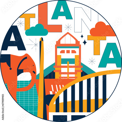 Typography word Atlanta branding technology concept. Collection of flat vector web icons. American culture travel set, architectures, specialties detailed silhouette. Doodle famous landmarks.
