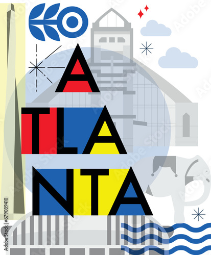 Typography word Atlanta branding technology concept. Collection of flat vector web icons. American culture travel set, architectures, specialties detailed silhouette. Doodle famous landmarks.