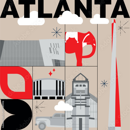 Typography word Atlanta branding technology concept. Collection of flat vector web icons. American culture travel set, architectures, specialties detailed silhouette. Doodle famous landmarks.
