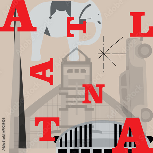 Typography word Atlanta branding technology concept. Collection of flat vector web icons. American culture travel set, architectures, specialties detailed silhouette. Doodle famous landmarks.