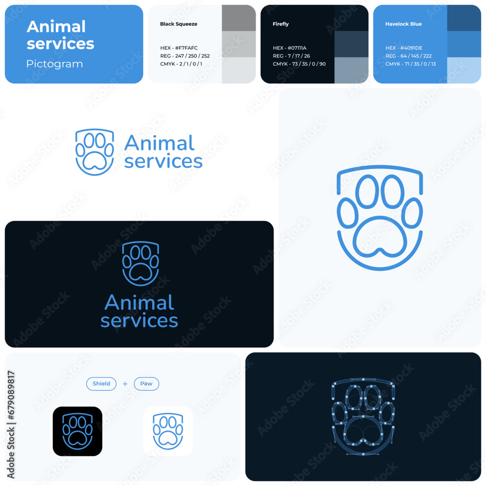 Veterinary clinic blue line business logo. Brand name. Professional expertise business value. Paw and shield simple icon. Design element. Visual identity. Nunito font used. Suitable for marketing