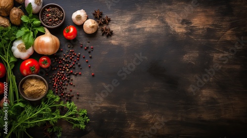 Spices and herbs on dark wooden background. Food and cuisine ingredients.Top view with copy space