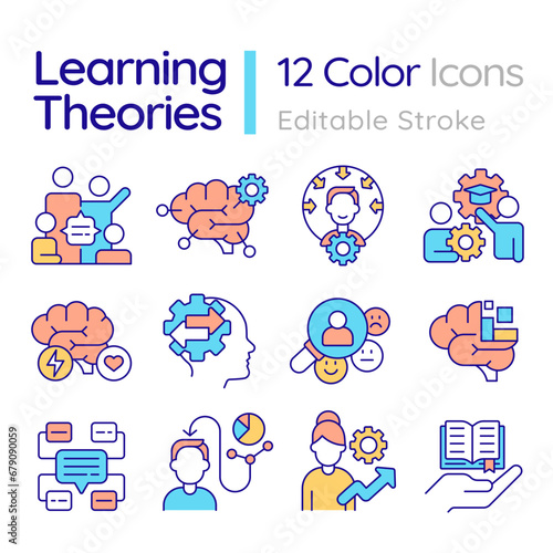 2D editable colorful thin line icons set representing learning theories, isolated vector, linear illustration.