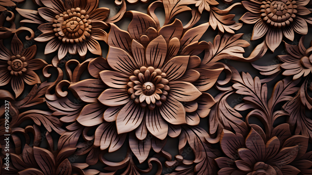 Pattern of flower carved on wood background. Generative AI.