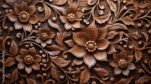 Pattern of flower carved on wood background. Generative AI.