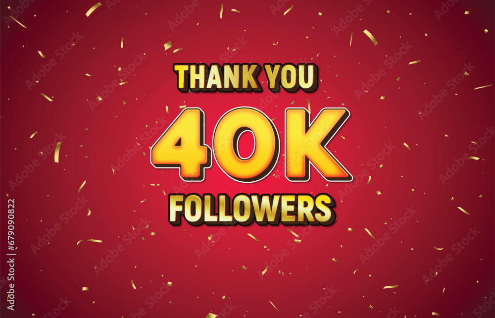 Golden 40K isolated on red background with golden confetti, Thank you followers peoples, 1k online social group, 45k