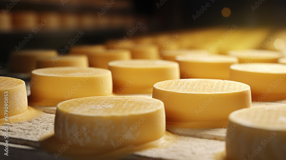 Close-up of the cheese heads. Cheese and dairy products industry. Dairy plant, circles of cheese on the conveyor belt. - obrazy, fototapety, plakaty 