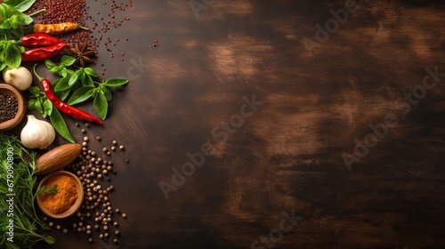 Spices and herbs on dark wooden background. Food and cuisine ingredients.Top view with copy space
