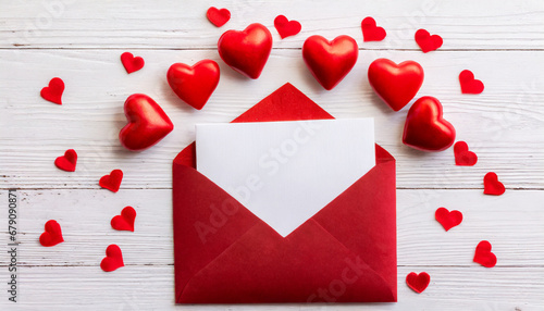 Valentine day greeting concept. Envelope and red hearts on white background top view © Giuseppe Cammino
