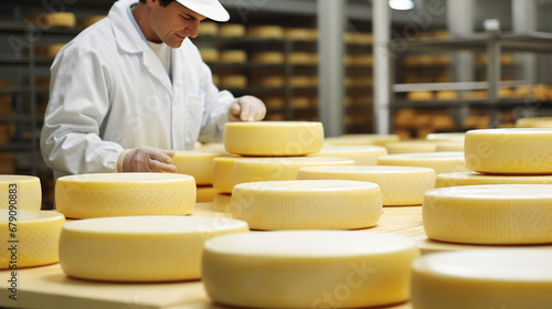 Close-up of the cheese heads. Cheese and dairy products industry. Dairy plant, circles of cheese on the conveyor belt.