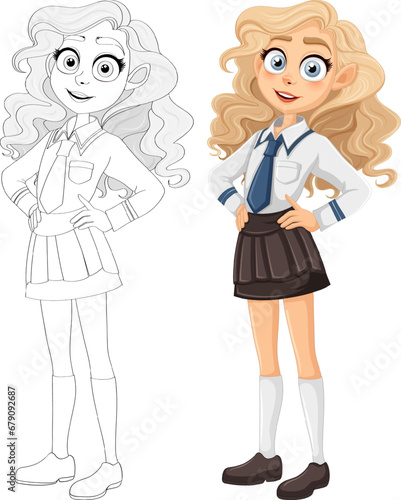 Beautiful Teen Girl in High School Uniform Cartoon