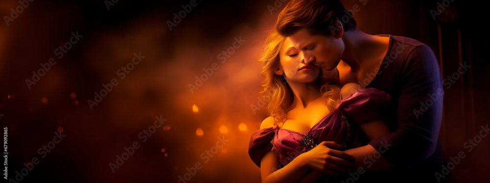 Couple in a tender embrace amidst a warm, glowing ambiance.
