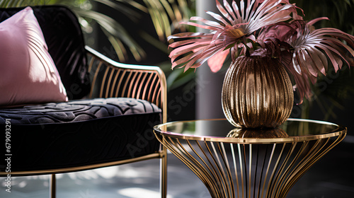 A meticulous design chair, nature-inspired, black and gold theme, living room decor, interior design photography, natural lighting