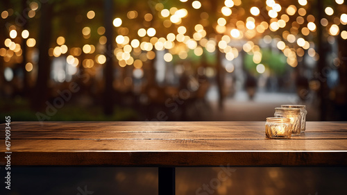 Wooden table for display products. Empty wooden table texture in front of blurred cafe and lights background. Cozy cafe bistro with blurred background and wooden montage. Generative AI