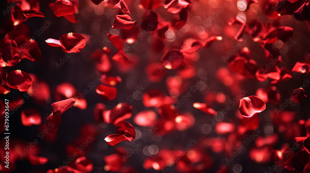 Valentines day background with red rose petals and bokeh lights, symbol of love, romance and commitment