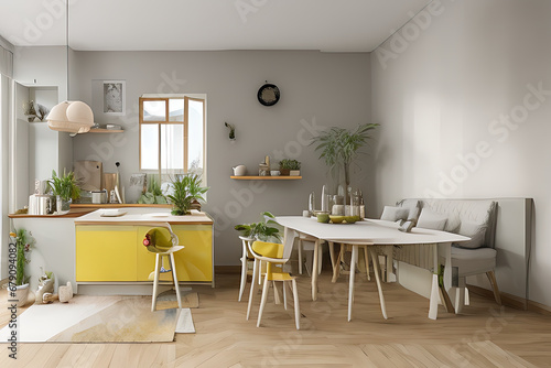 Modern Clean Contemporary Yellow Kitchen, Dining Table with Chairs and Herringbone Parquet Floor © Talhashahi
