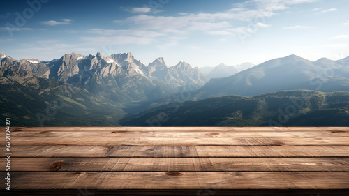 Wooden table for display products. Empty wooden table texture in front of blurred mountain background. Generative AI photo