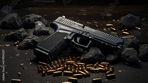 Hand gun with ammunition on dark stone background