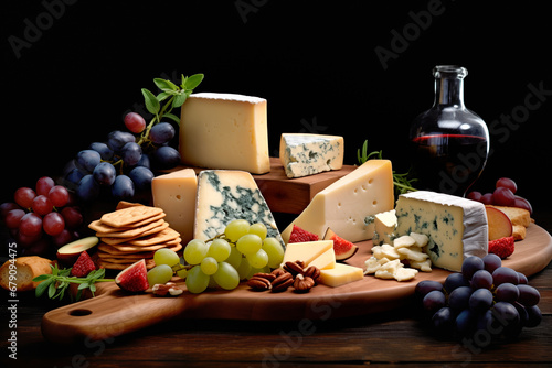 Traditional cheese platter with nuts, grapes and various types of cheese. Assortment of different snack for wine