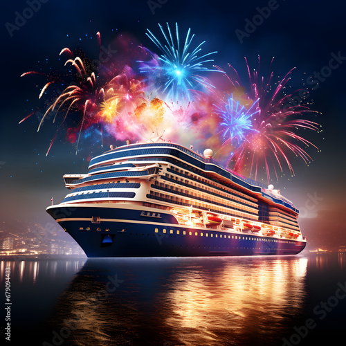 A cruise ship with colorful fireworks in the sky. A vacation and travel concept. Generative ai.  © PixelHD