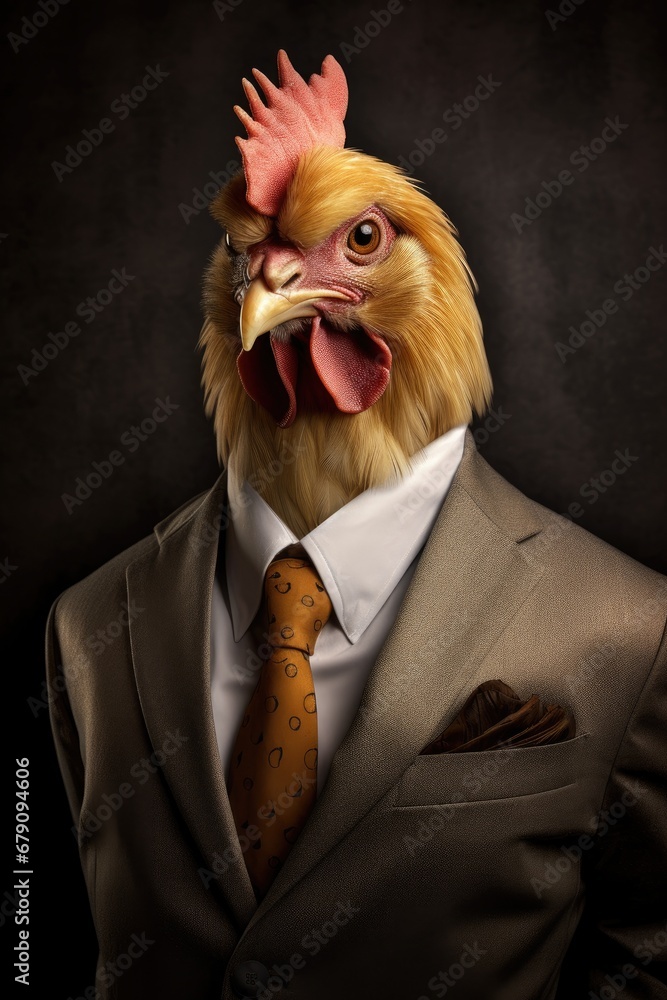 Portrait of a chicken in a business suit on a dark background, ai generative