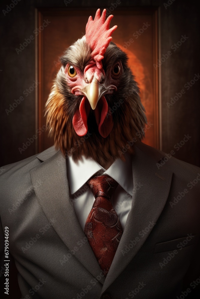 Portrait of a rooster in a suit with a necktie, ai generative