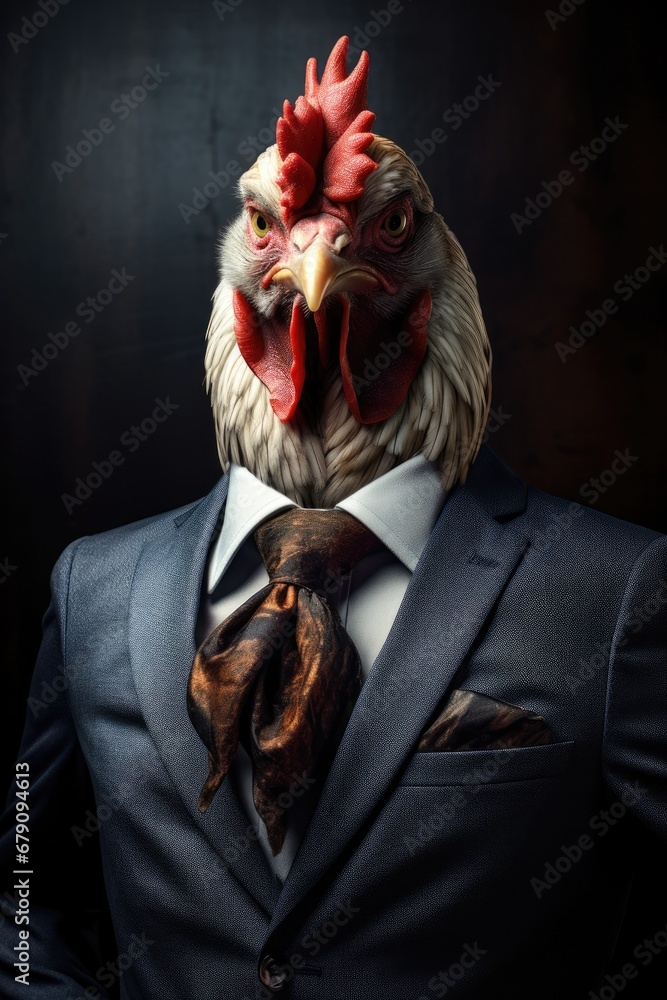 Portrait of a chicken in a suit and tie on a dark background, ai generative