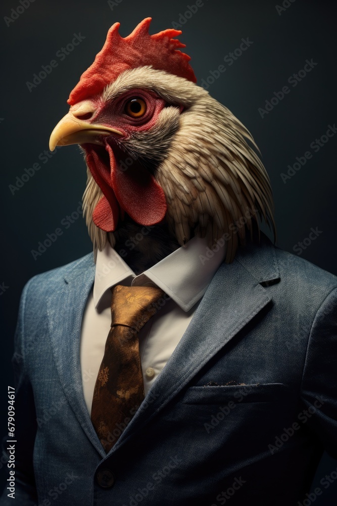 Portrait of a rooster in a business suit on a dark background, ai generative