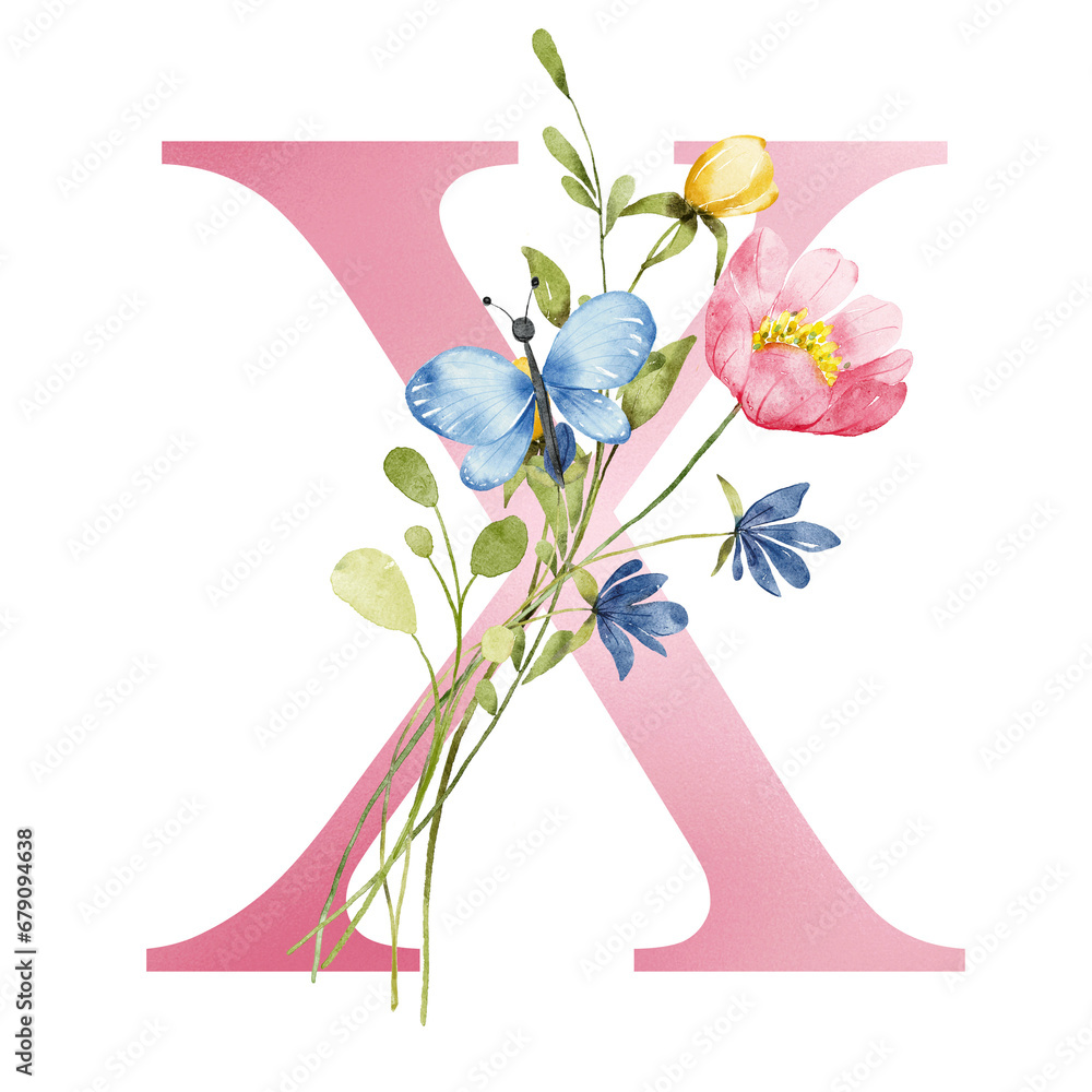 Pink letter X with watercolor flowers and leaves. Floral alphabet