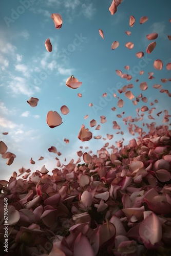Rose petals float in the sky