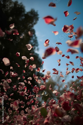 Rose petals float in the sky