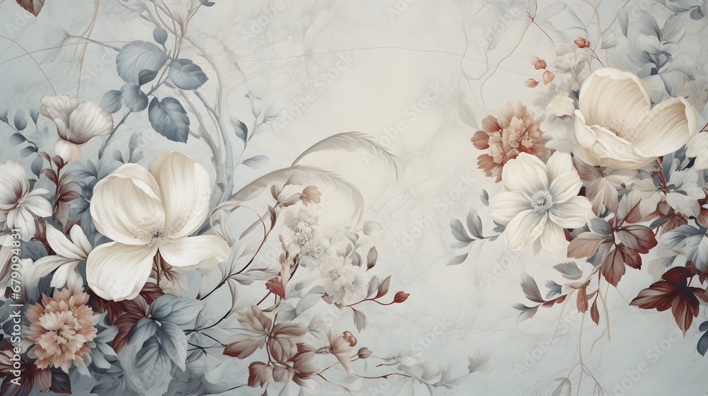 vintage wallpaper with flowers marble texture. Generative AI. - obrazy, fototapety, plakaty 