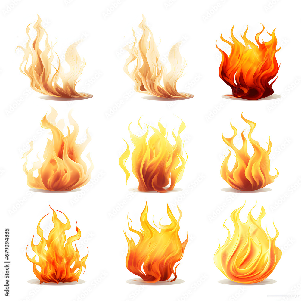 Nine different flames isolated on a white background. Generative ai. Nine different flames isolated on a white background. Generative ai.