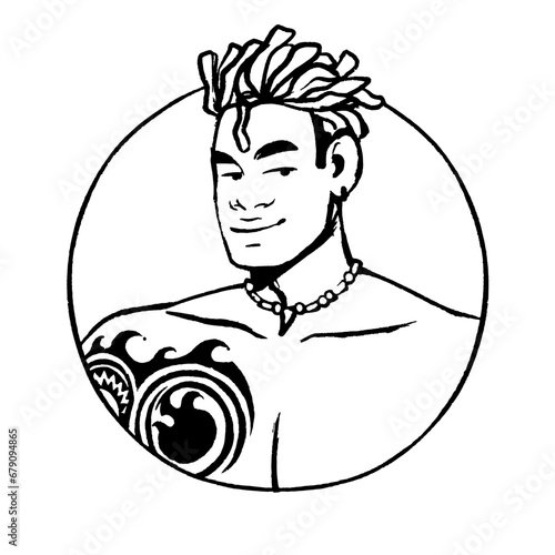 Naked man avatar in circle. Young macho guy with dreadlocks, tatoo, tattoo, fang on neck beads. Smiling face of male character, head portrait in round. Outline isolated vector illustration on white
