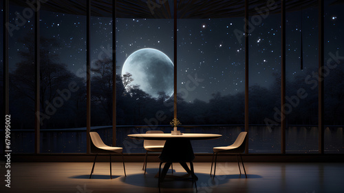 cafe with a large round zen window view of a starry nebula, interior environment design, contemporary furniture, candlelight
