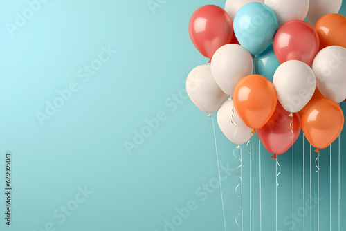 Сolored helium balloons on a festive turquoise background with place for text
 photo
