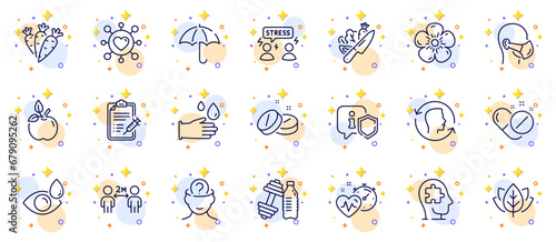 Outline set of Dumbbell, Social distancing and Shield line icons for web app. Include Mental conundrum, Face id, Vaccine report pictogram icons. Psychology, Organic tested. Vector